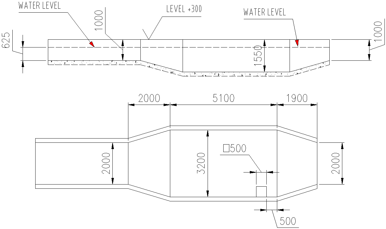 Section of flume for detail of water level DWG AutoCAD file