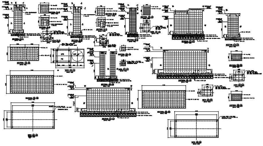 Section of foundation of water treatment plant details are given in this AutoCAD 2D DWG drawing file. Download the Autocad DWG drawing file.