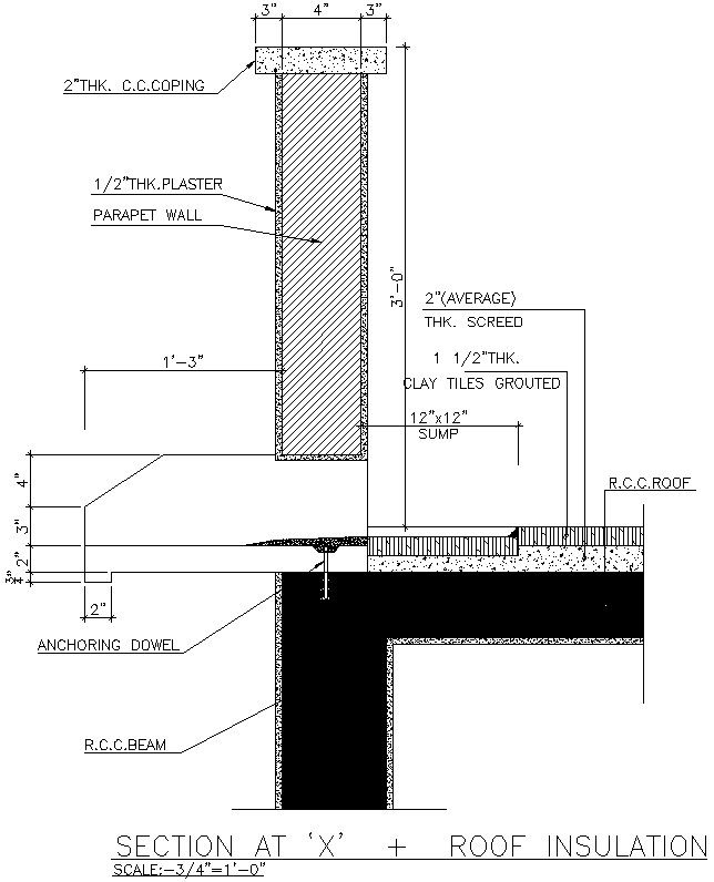 Section of parapet wall and RCC beam in roof insulation in AutoCAD, dwg file.