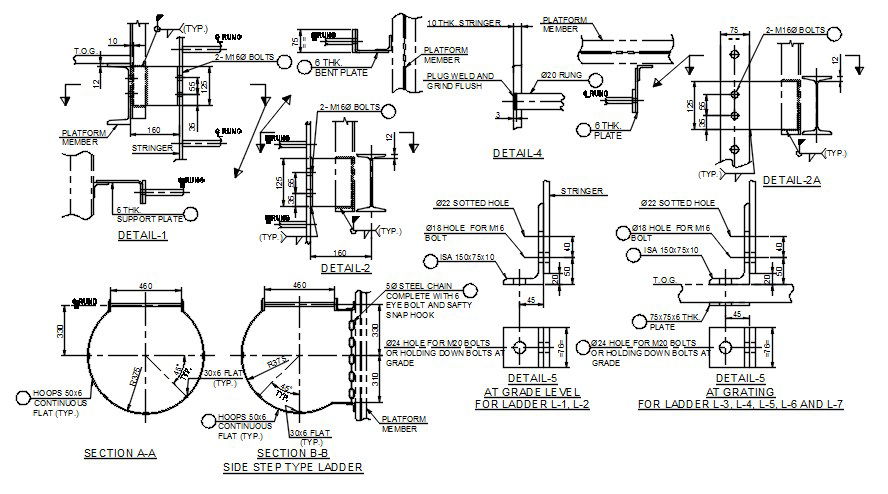 Section of side step type ladder is given in this 2D AutoCAD DWG drawing file. Download the 2D Autocad DWG drawing file.