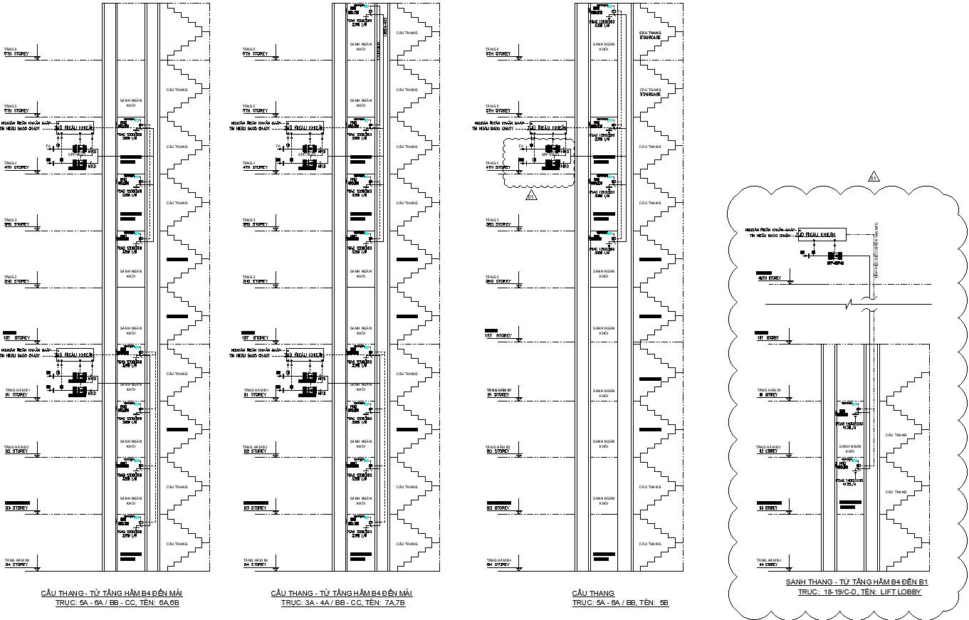 Section of stairs of 6 story building.