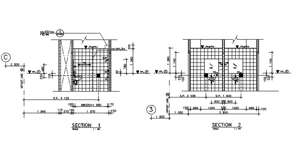 Section of the lavatory has given in this Autocad 2D DWG drawing file. Download the Autocad DWG drawing file.