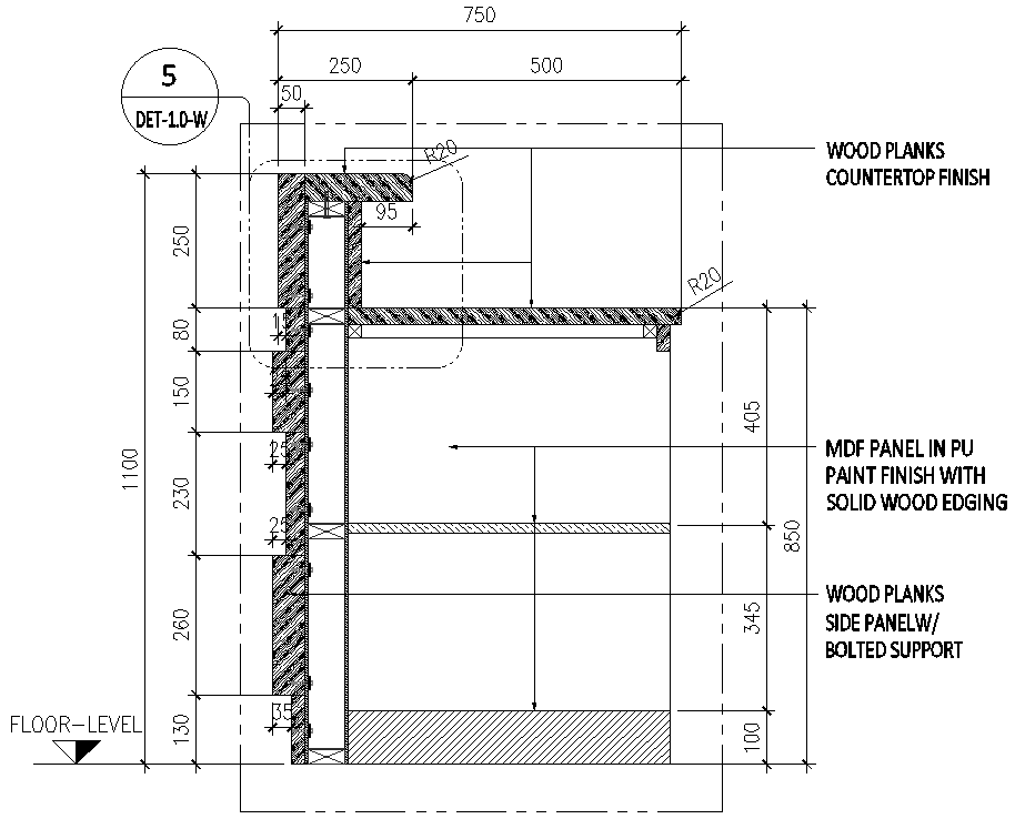 Section of wood planks side panel bolted support Detail DWG AutoCAD file