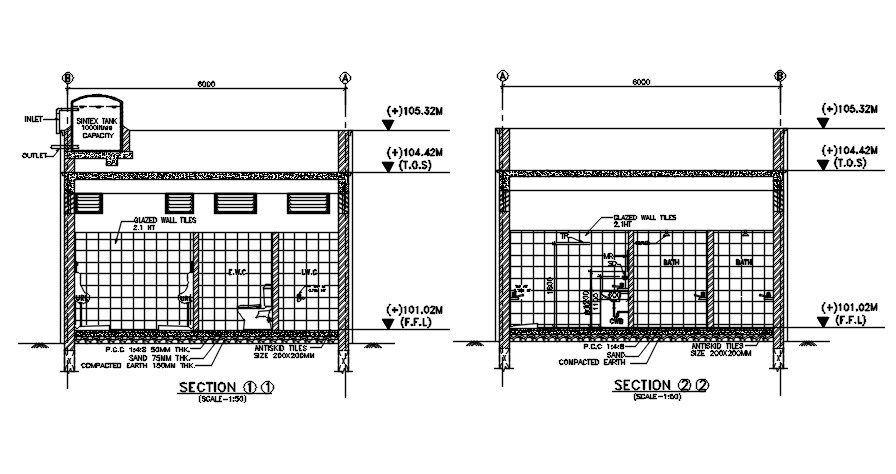 Section plan of Toilet for security room. Download AutoCAD DWG file.