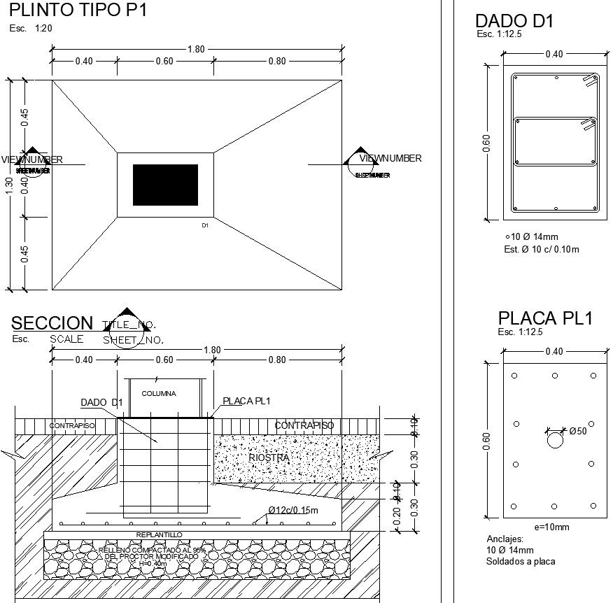 Section plan of column and footing detailing with dimensions