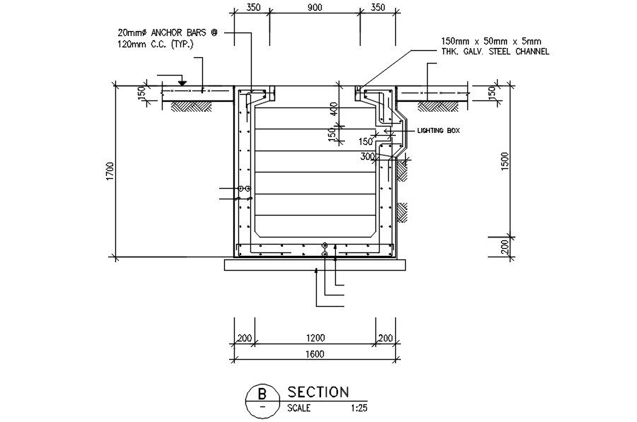 Section plan of service pit in AutoCAD 2D drawing, dwg file, CAD file