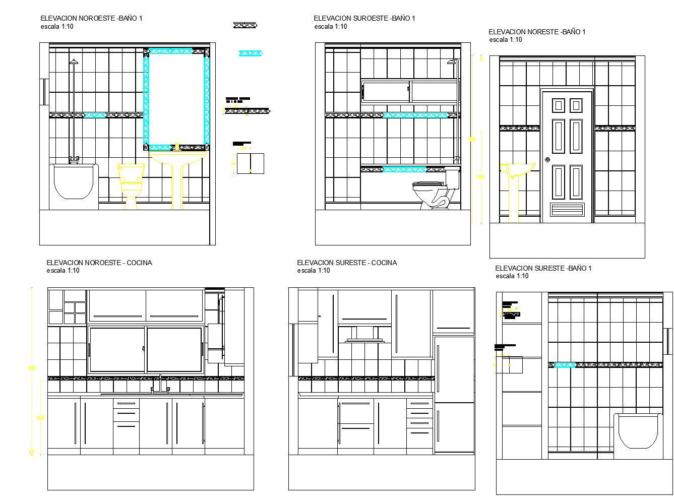 Sections of bathrooms and kitchen plan detail dwg file.