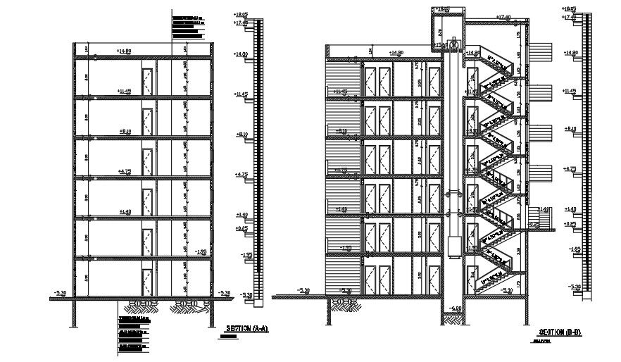 Sections Of 19x12 Meter 3 BHK Apartment AutoCAD File
