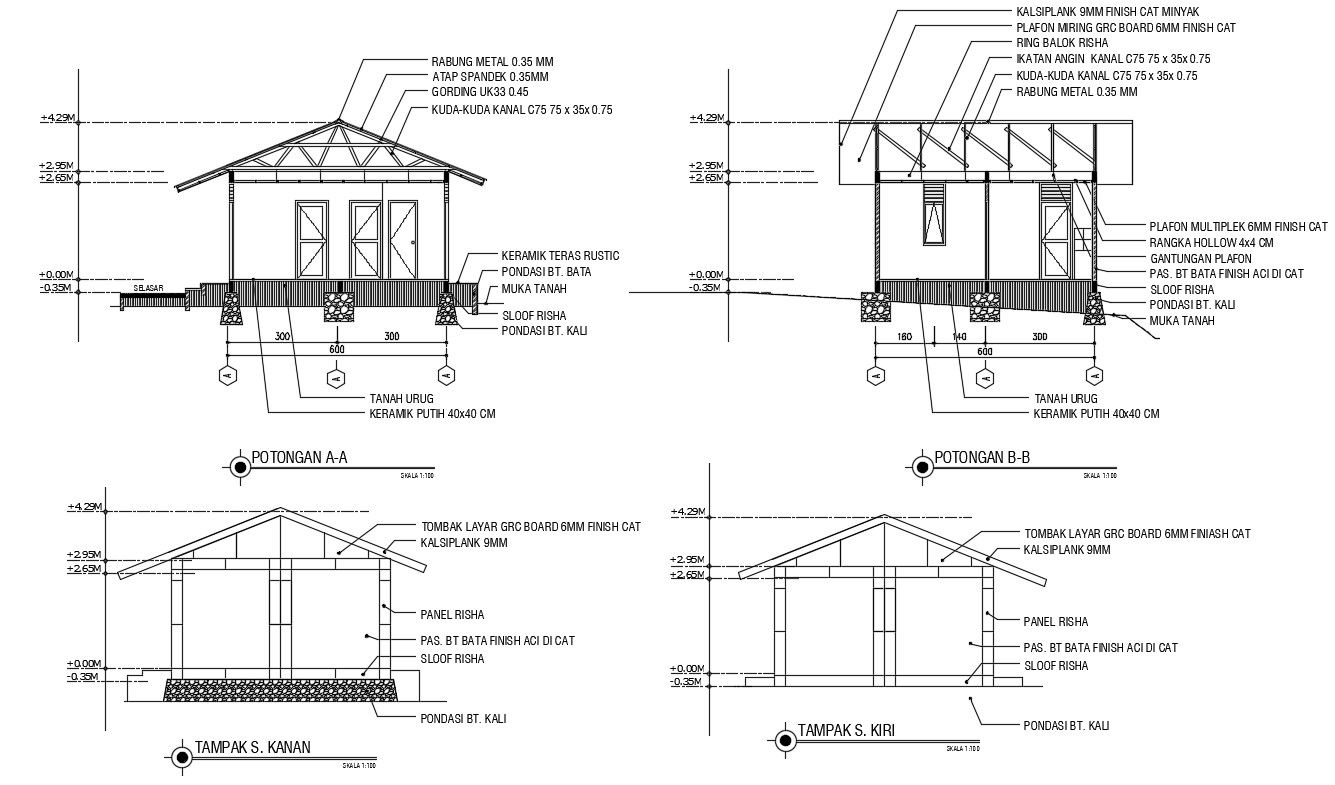 Sections Of Single Floor House Design AutoCAD File