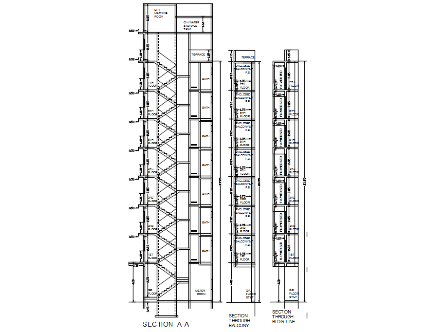 Section through balcony and section through building line in detail AutoCAD drawing, dwg file, CAD file