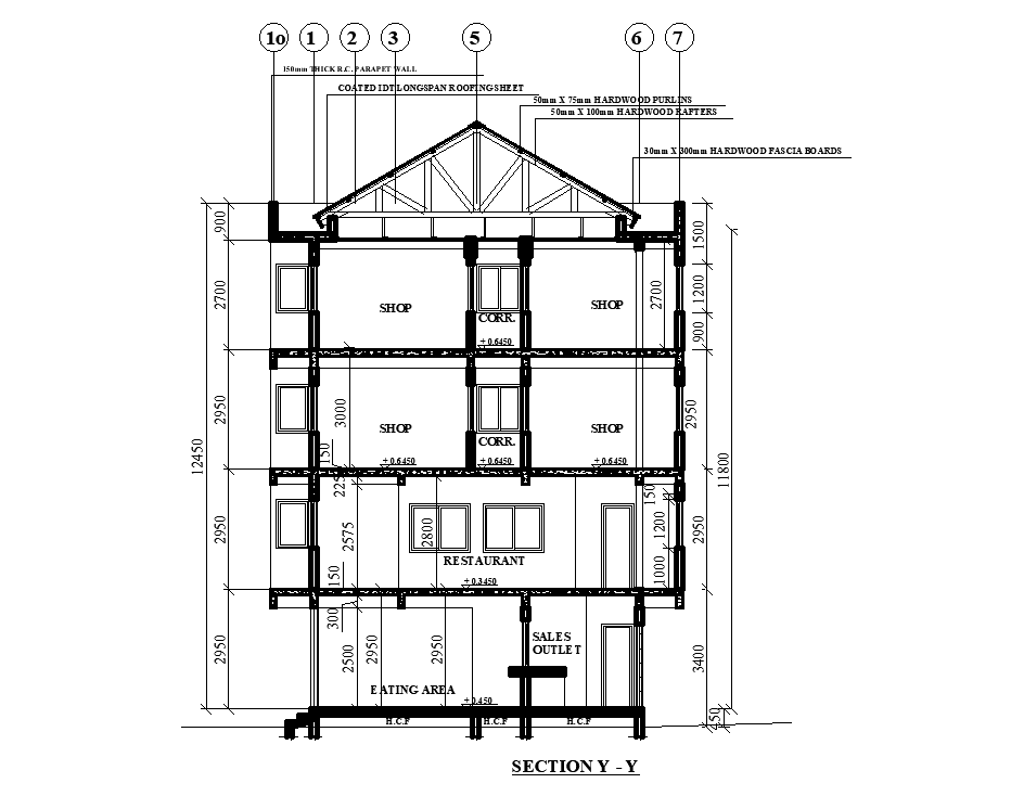 Section view 18x4m ground floor restaurant plan is given in this Autocad drawing file. Download now.