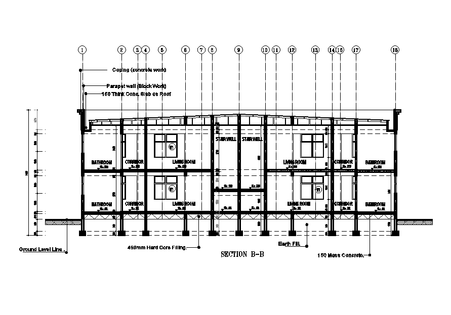 Section view of 23x13m twin house plan is given in this Autocad drawing file.Download now.