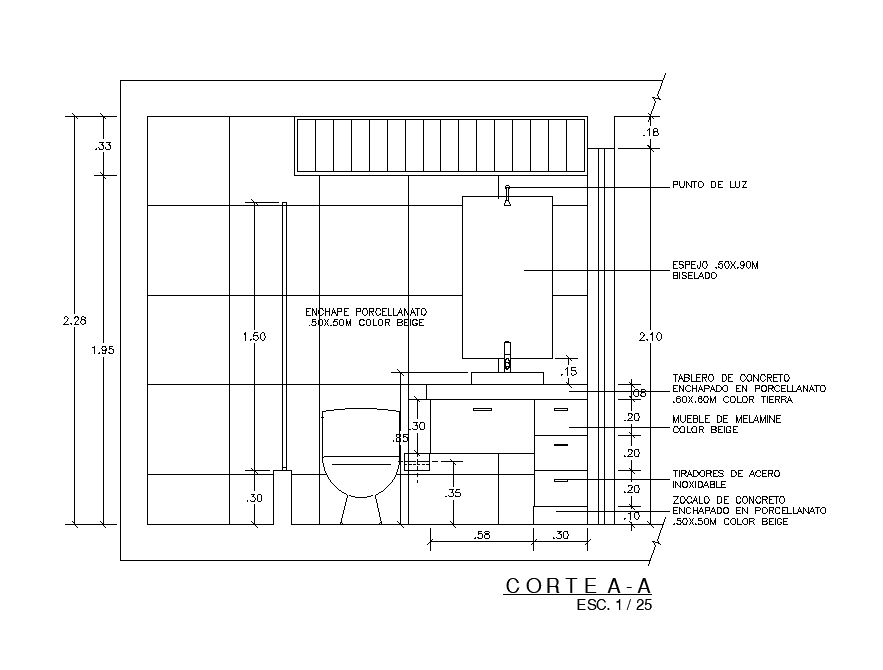 Section view of 2.76x1.6m toilet plan is available in the autocad 2d drawing model. Download now.