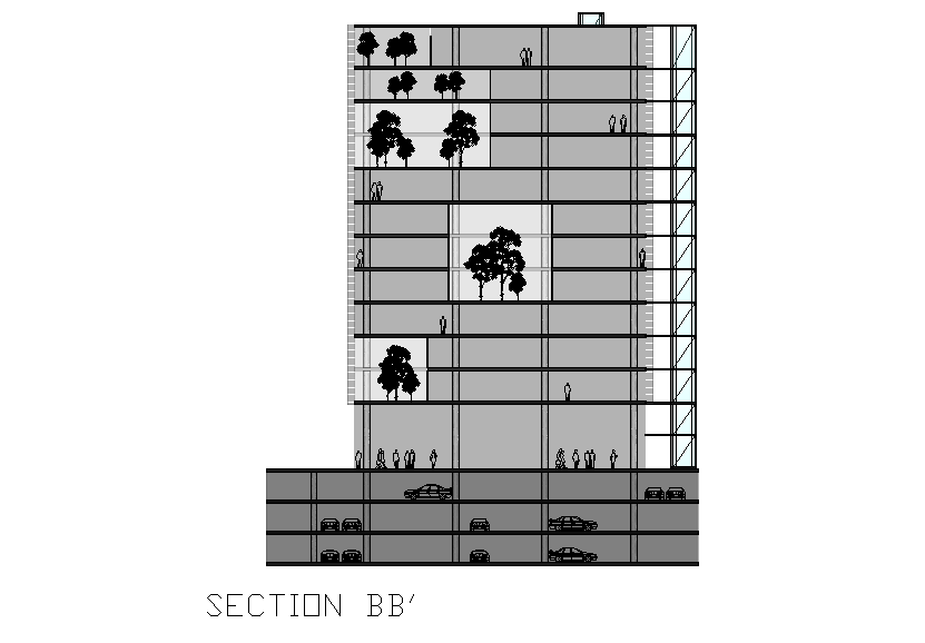 Section view of Bank headquarters plan is given in the Autocad drawing file. Download now.
