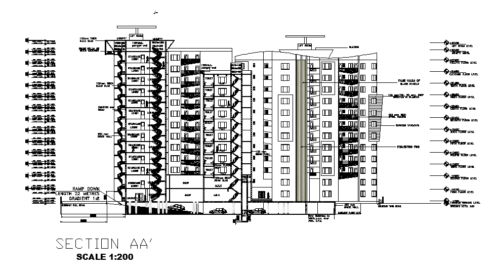 Section view of Commercial cum residential plan is given in this Autocad drawing file. Download now.