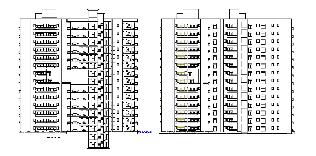 Section view of G+13 apartment building is presented in this Autocad drawing model. Download now.