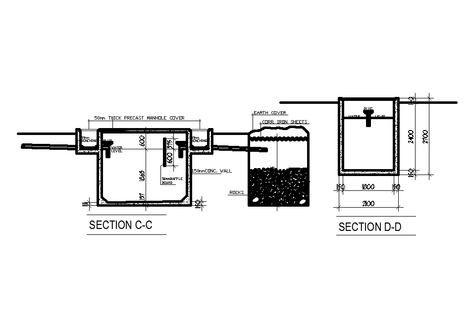 Section view of rectangular septic tank is given in this Autocad drawing model. Download the Autocad drawing file.
