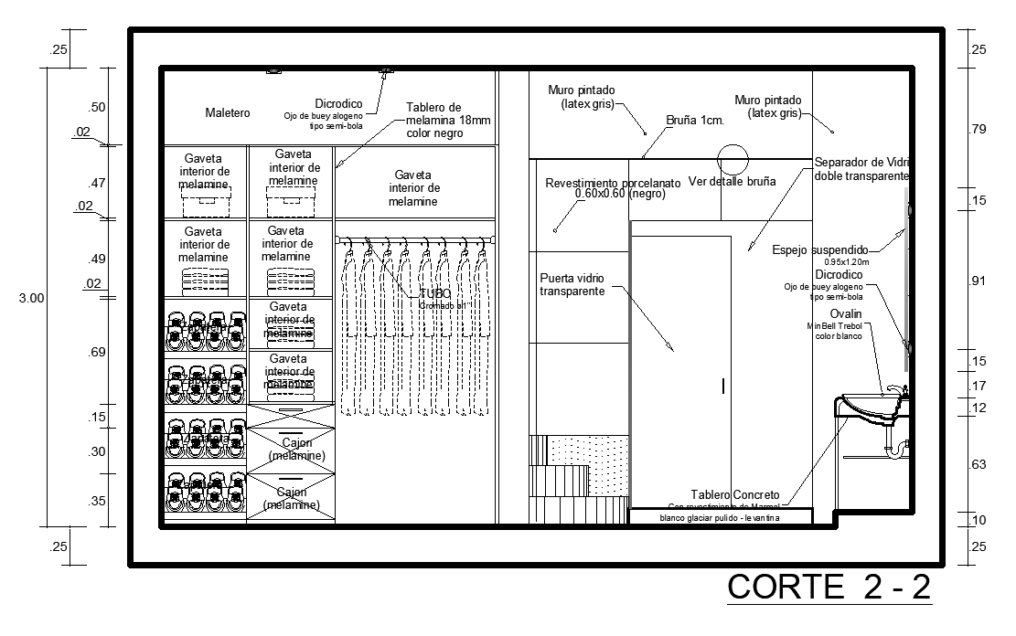 Section view of the 10x4m bedroom wardrobe is given in this Autocad drawing file. Download now.
