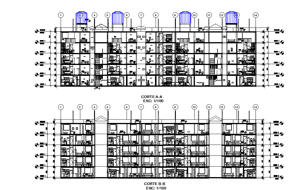 Section view of the G+4 building details is given in this Autocad drawing file.Download the 2D Autocad DWG drawing file.
