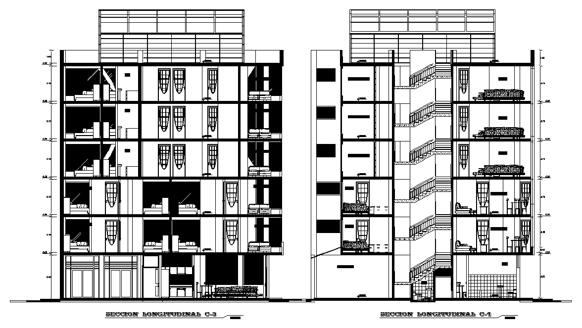 Section view of the apartment building is given in this 2D Auotcad DWG drawing file.  Download the 2D Autocad DWG drawing file.
