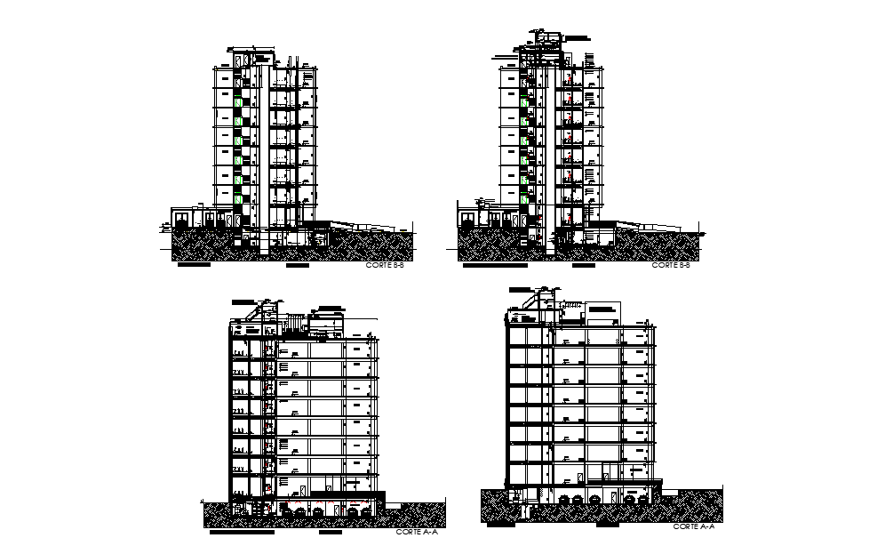 Section view of the apartment building is given with G+8 floors is given in AutoCAD drawing. Download the Autocad drawing file.