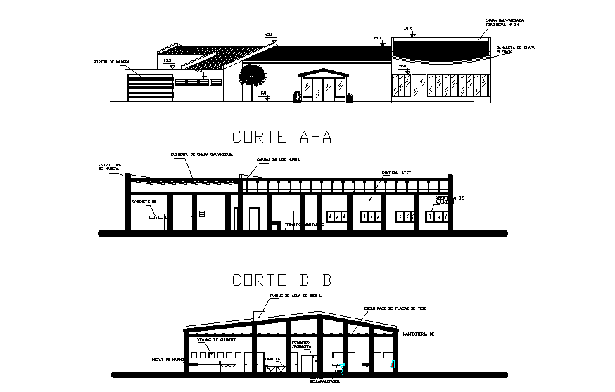 Section view of the building is given in this Autocad drawing file. Download the 2D Autocad file.