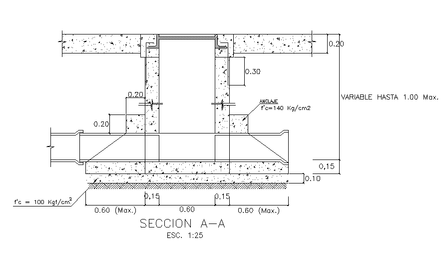Section view of the concrete structure is given in this Autocad drawing file. Download the Autocad file.