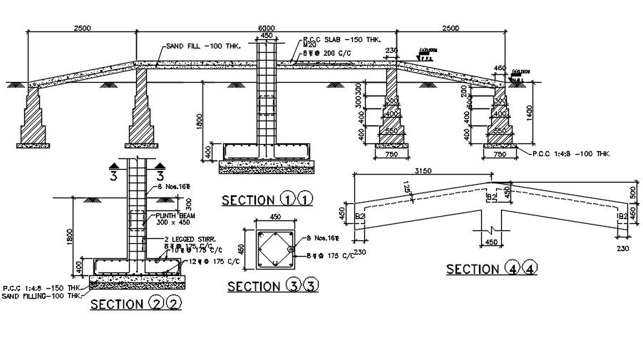 Section view of the foundation of car parking details is given in this 2D Autocad DWG drawing file. Download the 2D Autocad DWG drawing file.