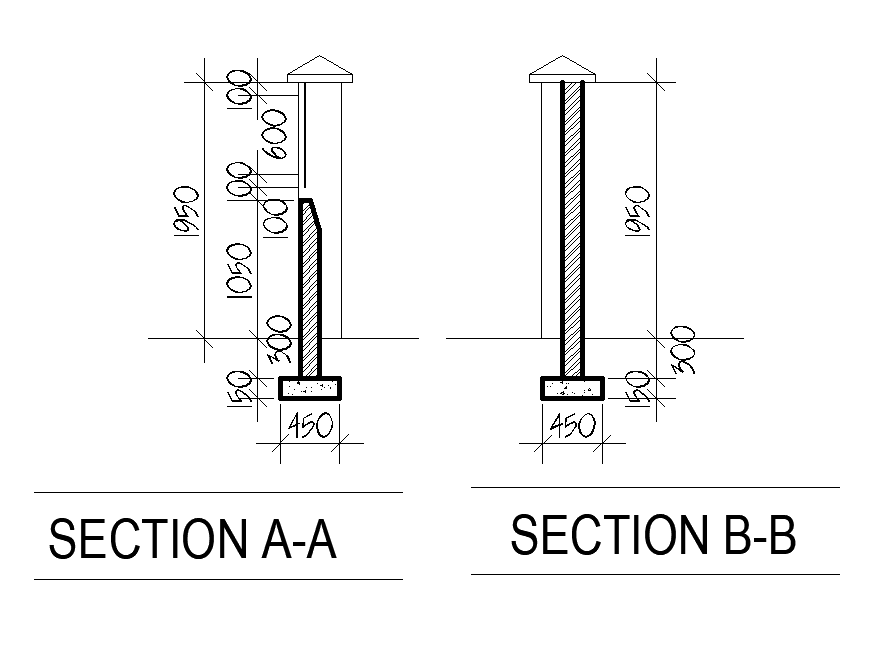 Section view of the gate post is given in this Autocad drawing file. Download the Autocad file.