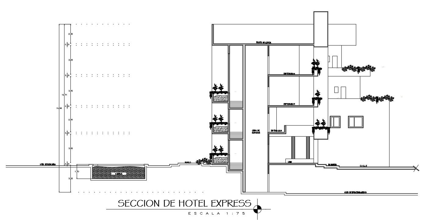 Section view of the hotel building is given in this Autocad drawing. Download now.