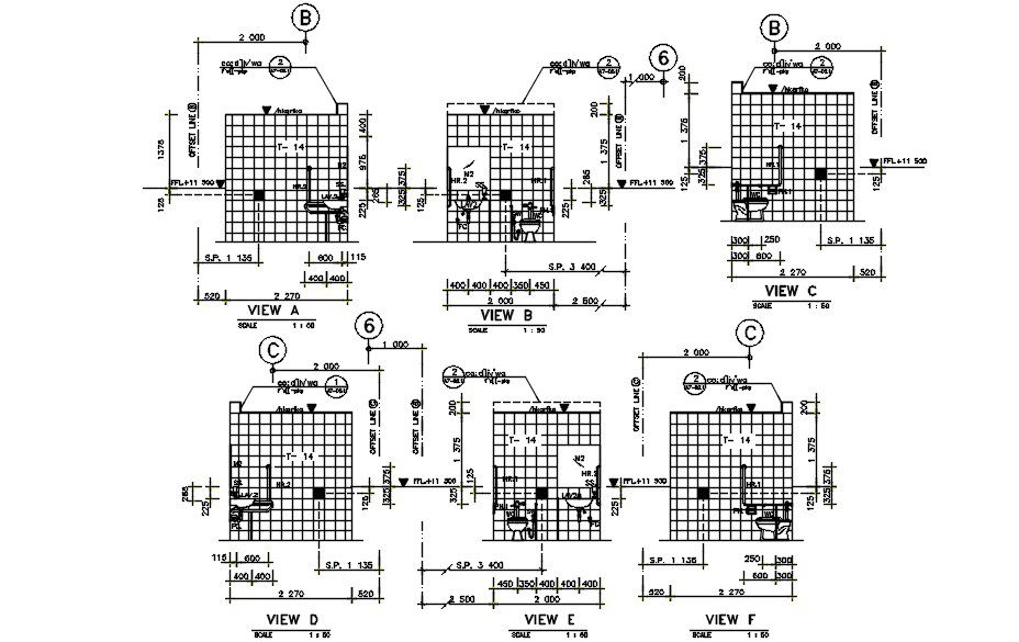 Section view of the lavatory and water closets with different angles has given in the Autocad DWG drawing file. Download the Autocad 2D DWG drawing file.