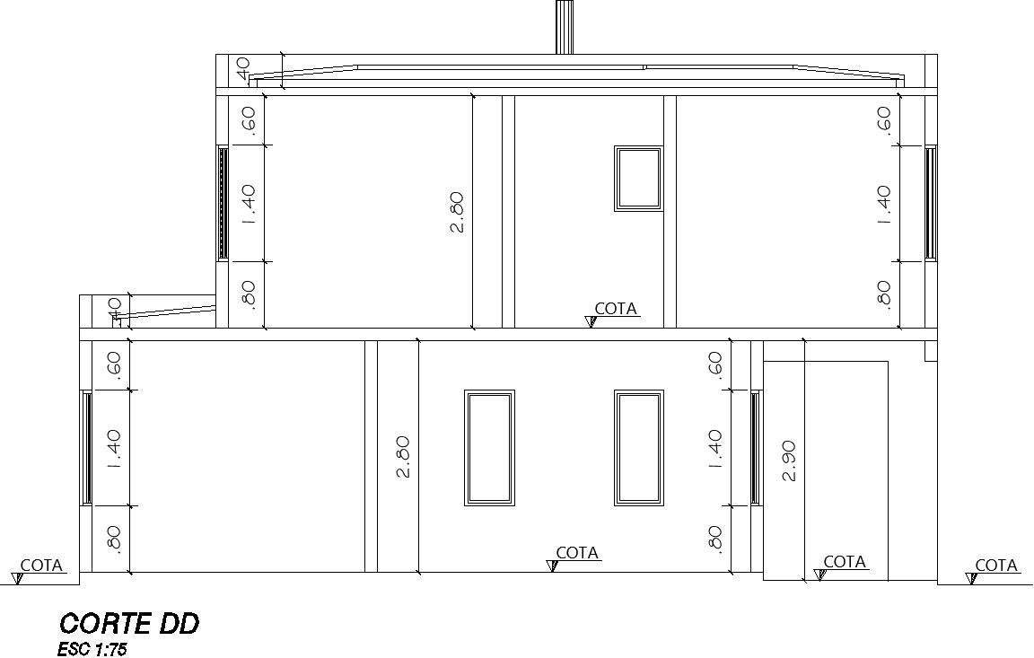 Section with dimension of double story house.