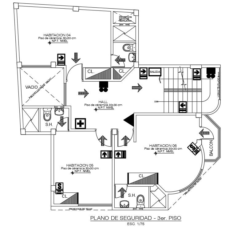 Security plan of 10x10m commercial third floor plan is given in this Autocad drawing file. Download the Autocad model.