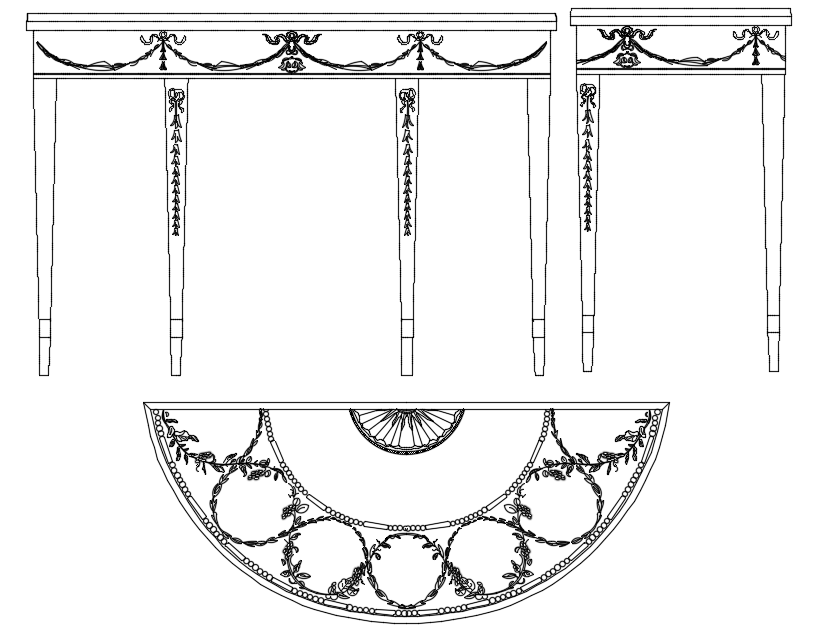 Semi circular cabinet block plan and elevation with furniture view dwg file