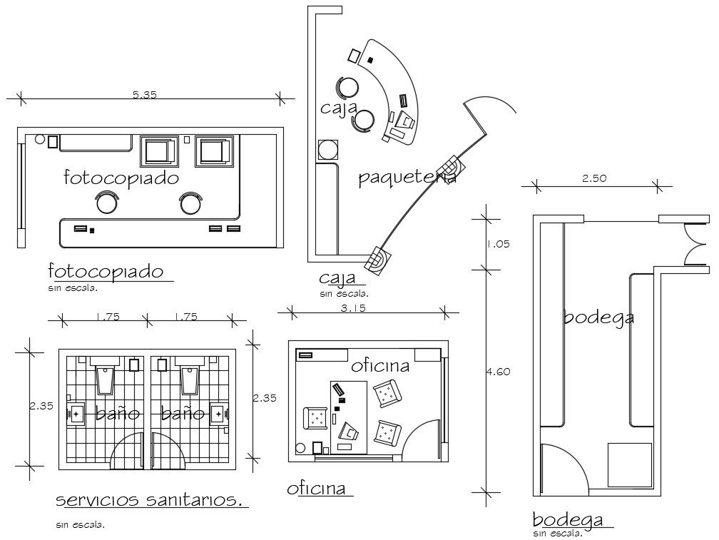 Separate plan of office work area is given in this Autocad drawing file. Download the Aotocad model.
