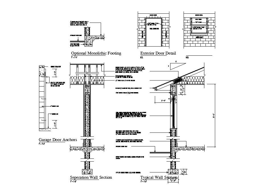 Separation and typical wall section details with footings dwg file