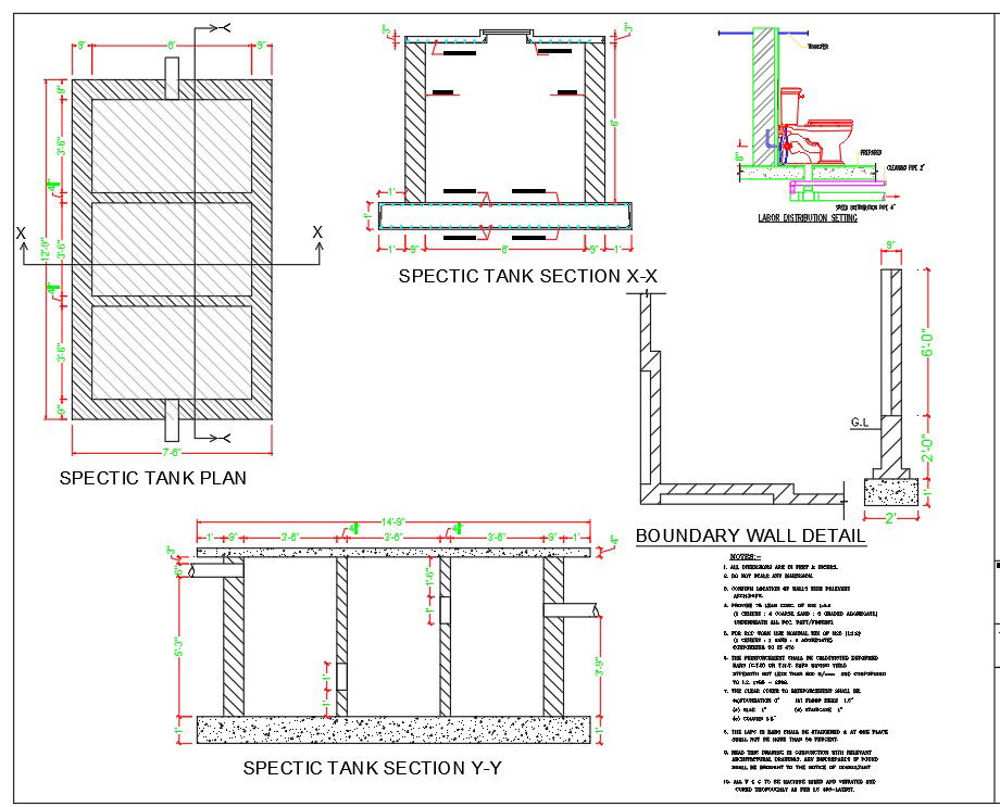 Septic Tank CAD Drawing Plan with Detailed Layout and Sections