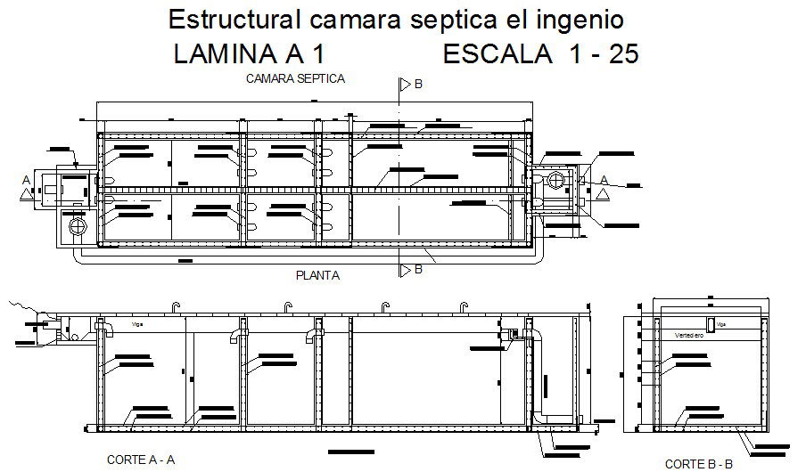 Septic tank section, plan and structural cad drawing details dwg file