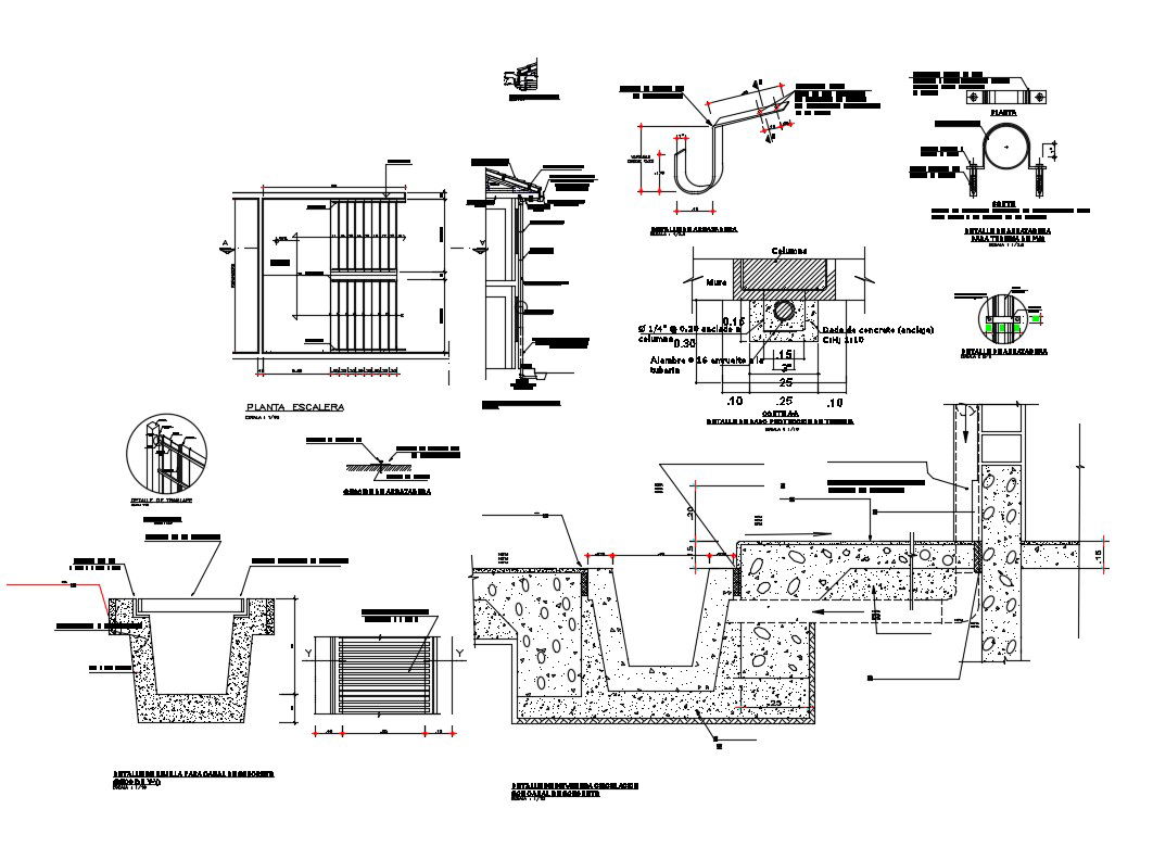 Septic water tank section, construction and plumbing details dwg file