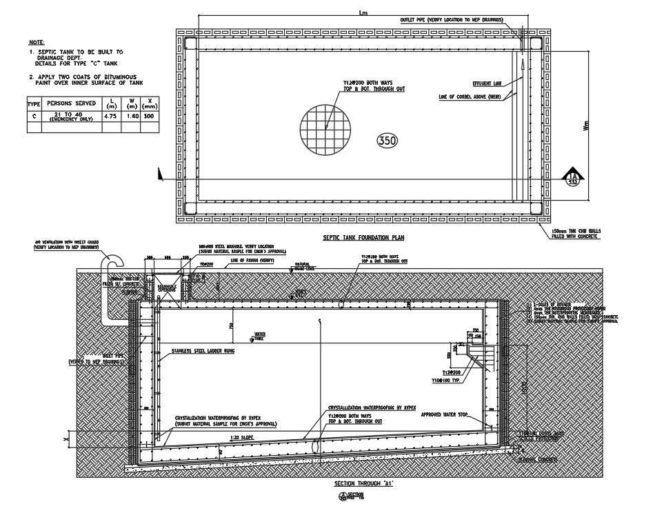 Septic tank foundation plan and the section details are given in this AutoCAD DWG drawing.Download the AutoCAD 2D DWG file.