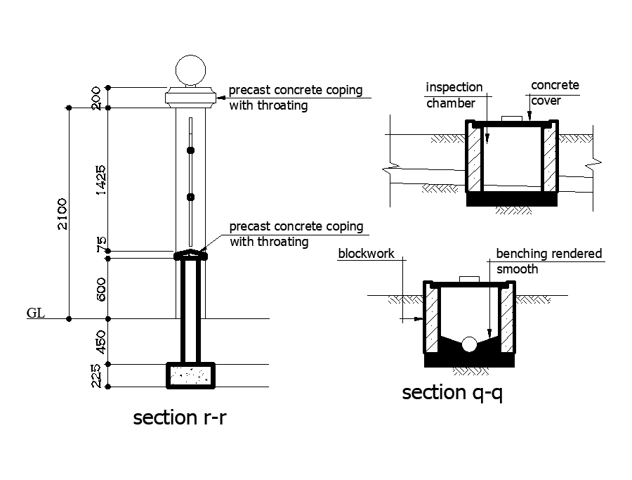 Septic tank pile line section view is given in this Autocad drawing model.