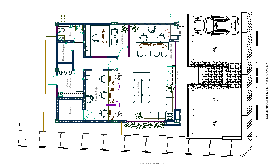 Service center floor plan detail drawing presented in this AutoCAD file. Download this 2d AutoCAD drawing file.