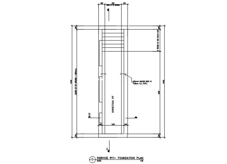 Service pit foundation plan in AutoCAD 2D drawing, dwg file, CAD file