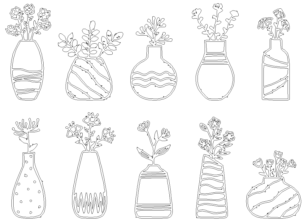 Set of vases and flowers doodle art design DWG AutoCAD drawing