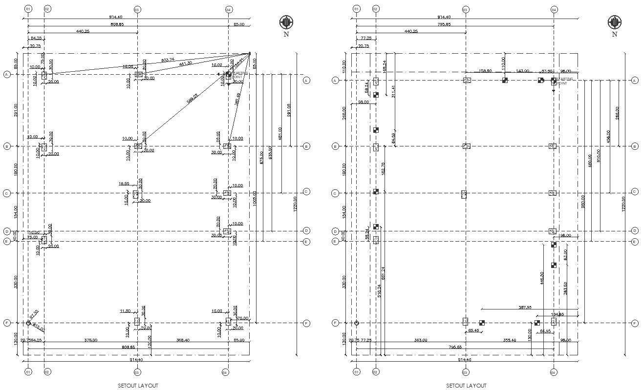 Setout layout plan of double storey 3 BHK house DWG AutoCAD drawing
