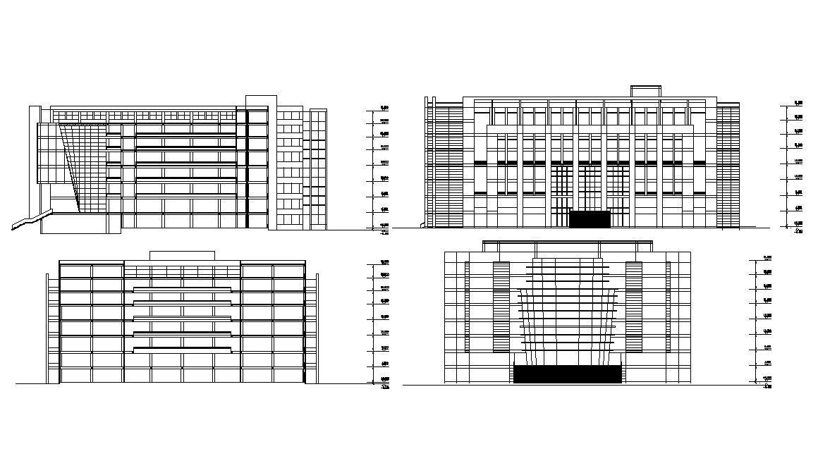 Seven Storey Modern Commercial Building Elevation and Section Designs AutoCAD File