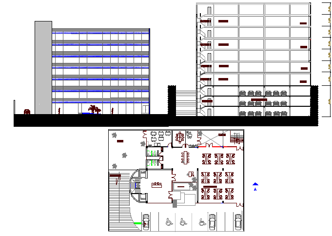 Seven story office building elevation, section and plan details dwg file