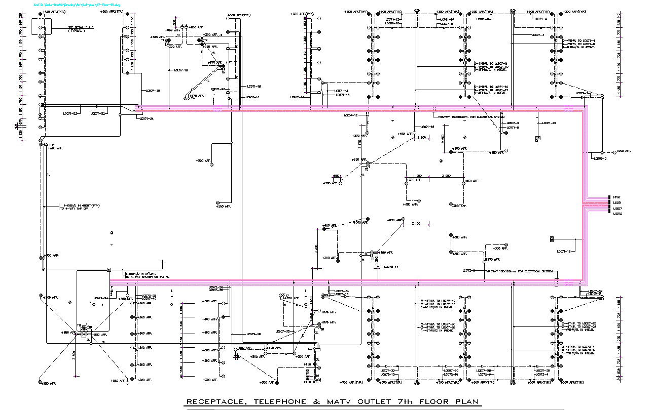 Seventh-floor Receptacle, telephone, and MA tv outlet typical section details are given in this CAD DWG drawing.Download now.