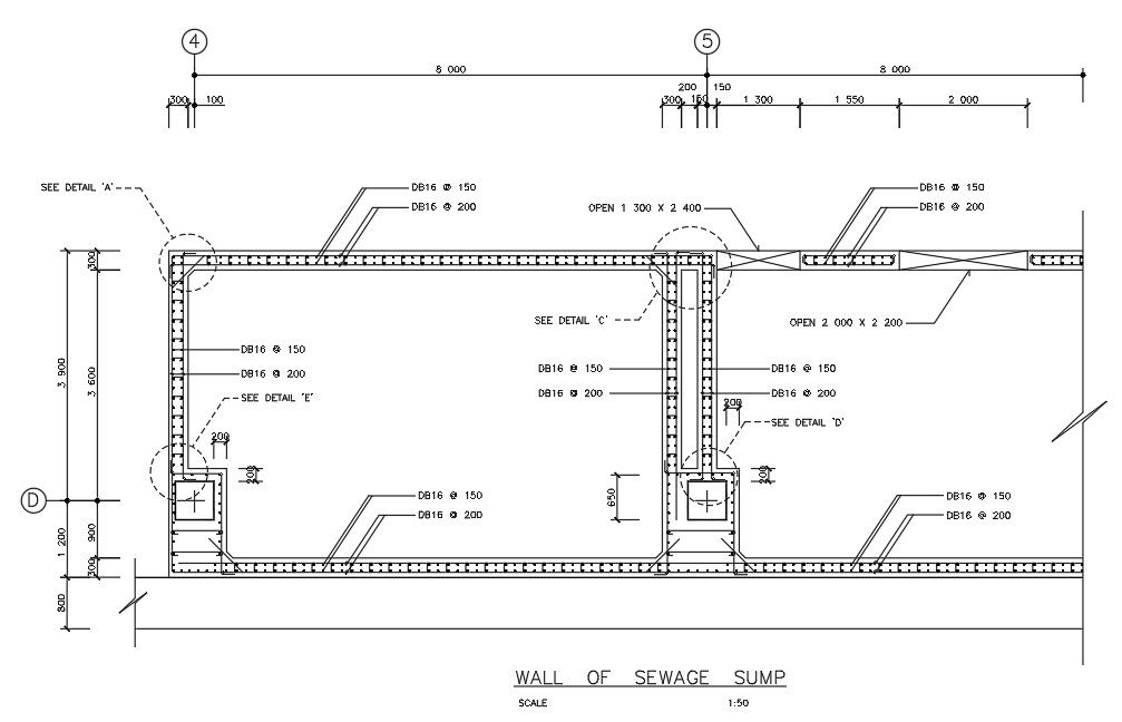 Sewage sump wall section details are given in this AutoCAD DWG Drawing File. Download the AutoCAD DWG file.