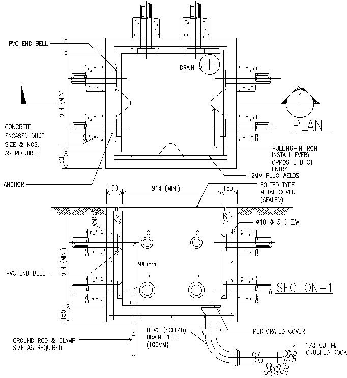 Sewage system plan and section details in AutoCAD, dwg file.